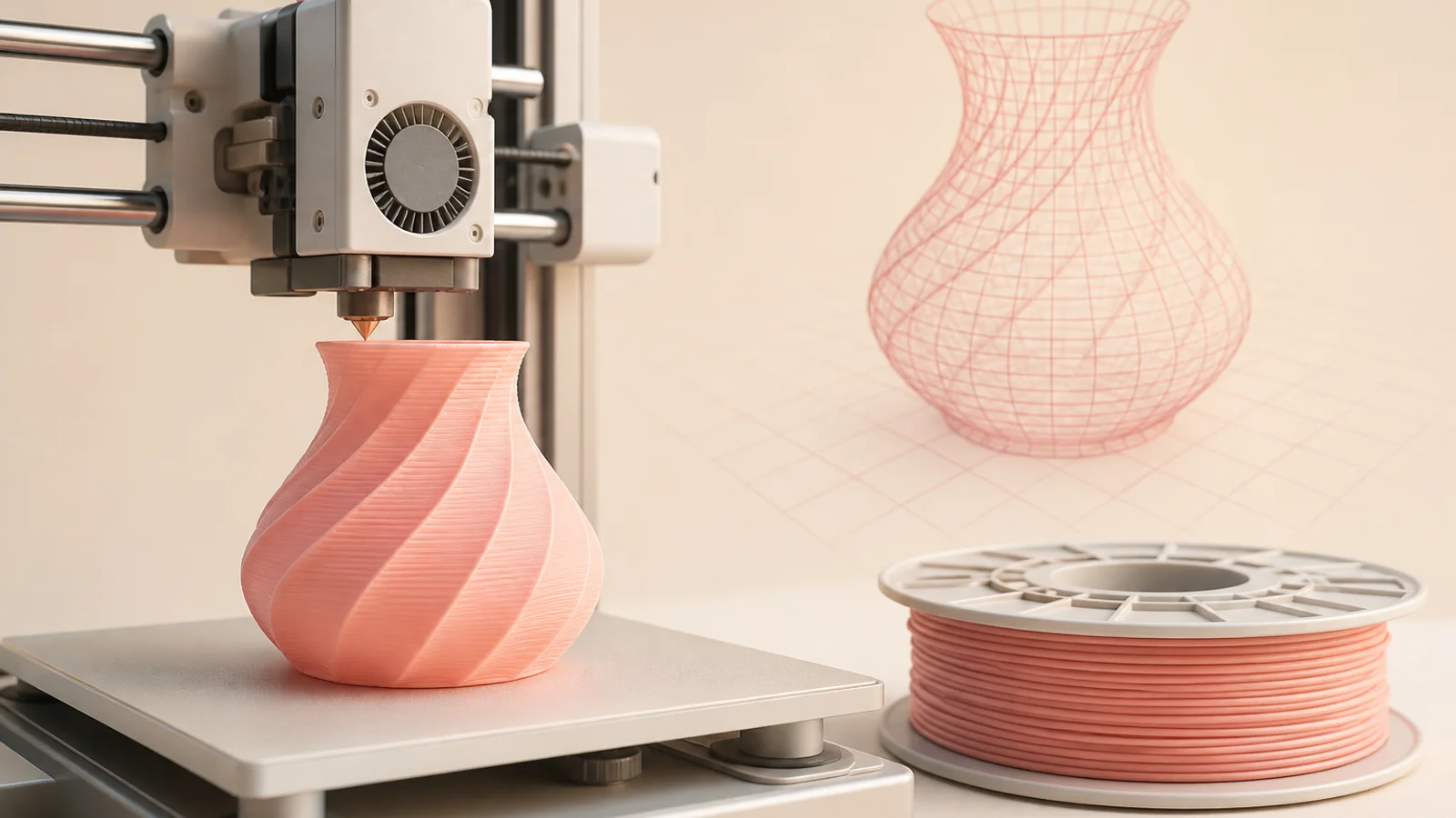 A 3D printer nozzle laying layers beside a filament spool and digital model grid