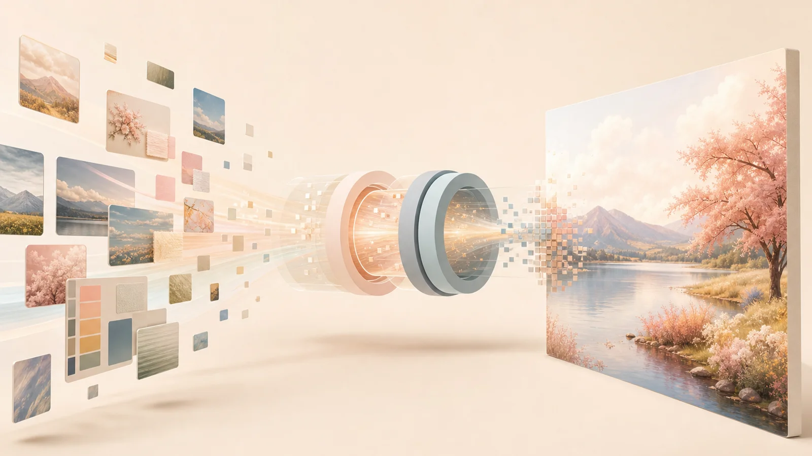 Image fragments and style cards flowing through a creative generation pipeline