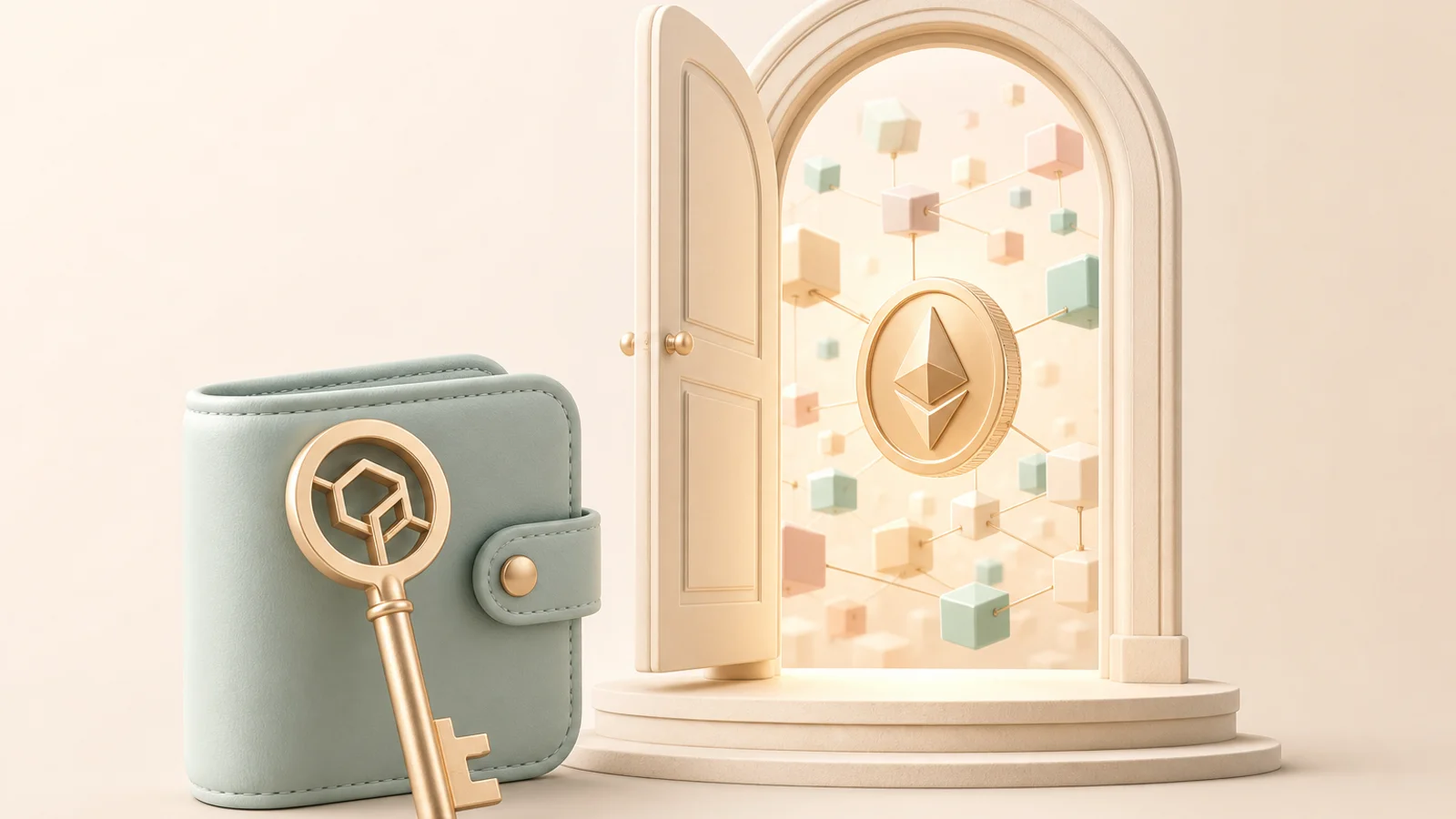A digital key and wallet object beside a minimal door access metaphor on a soft background