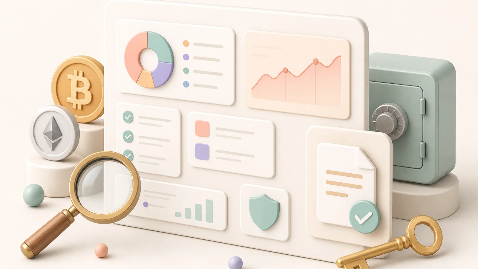 Structured platform cards with checklist tiles, keys and document shapes in editorial style