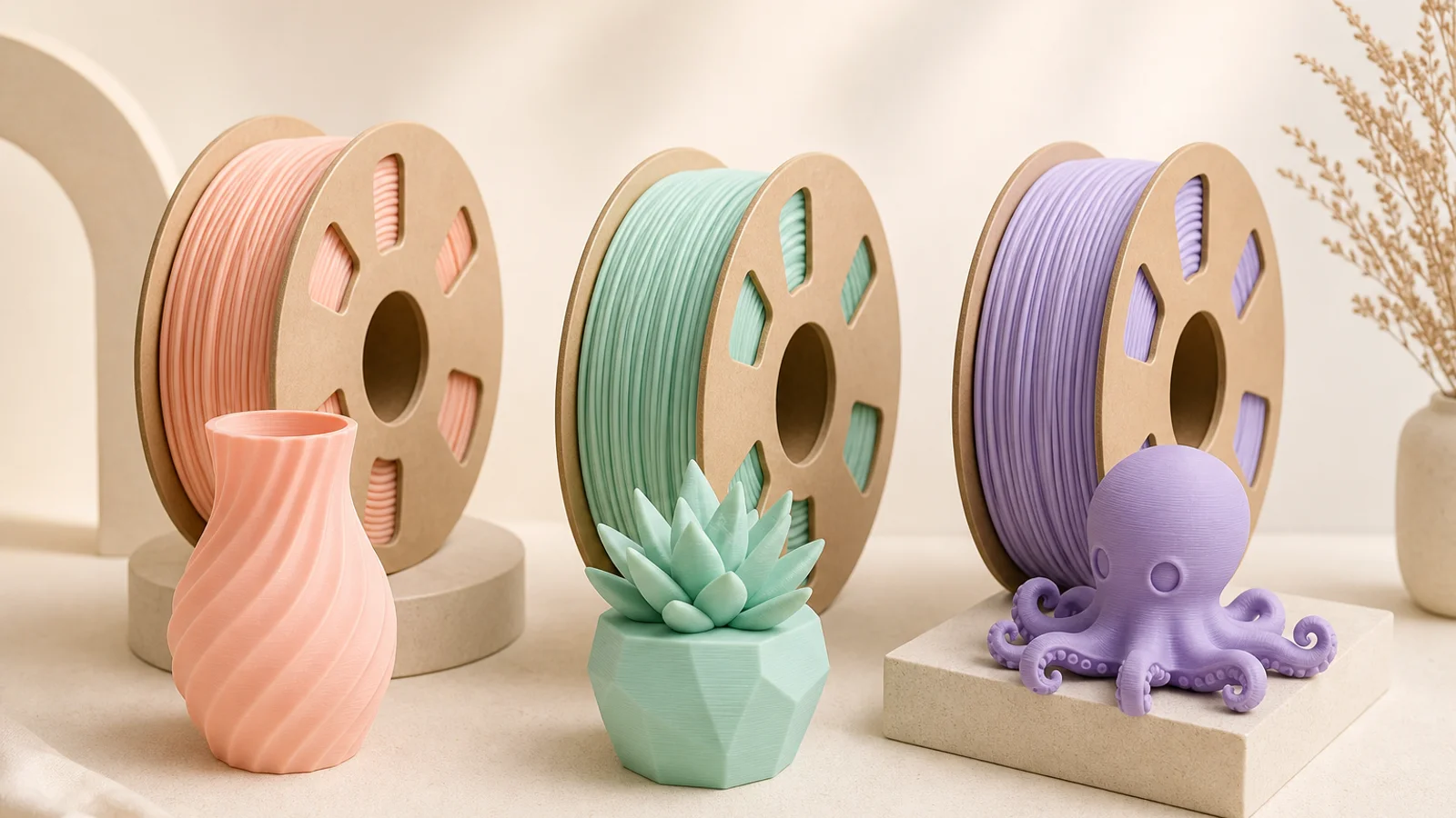 Several filament spools with different small printed sample objects beside them