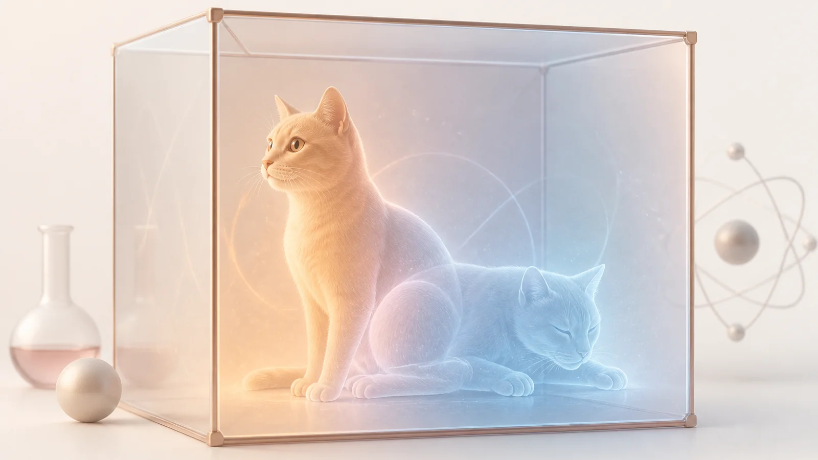 A bright conceptual box with a subtle dual-state cat silhouette and soft quantum glow