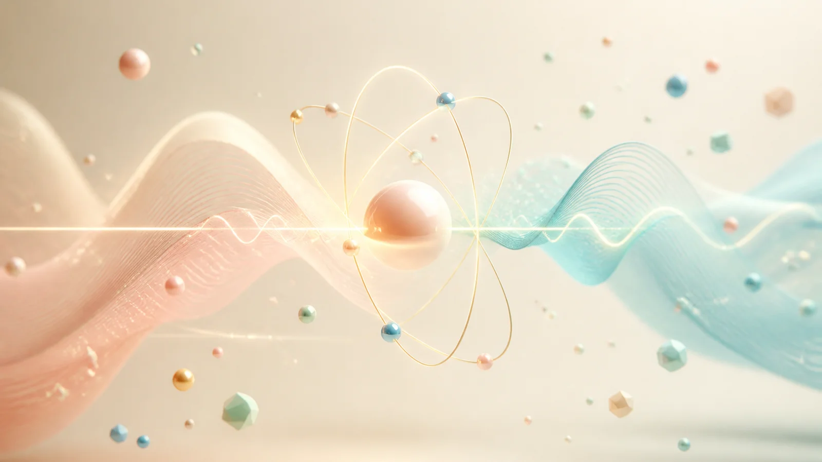 Elegant glowing strings and gentle waves with tiny geometric particles in bright space