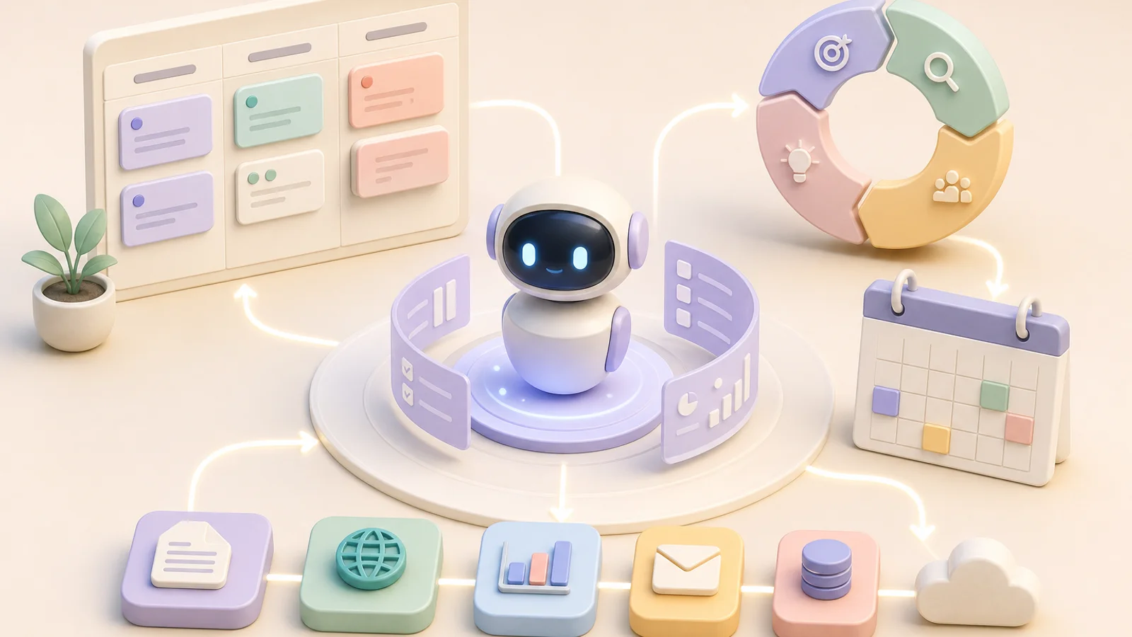 Soft workflow tiles with tasks, planning loop, tools and calendar blocks in flow