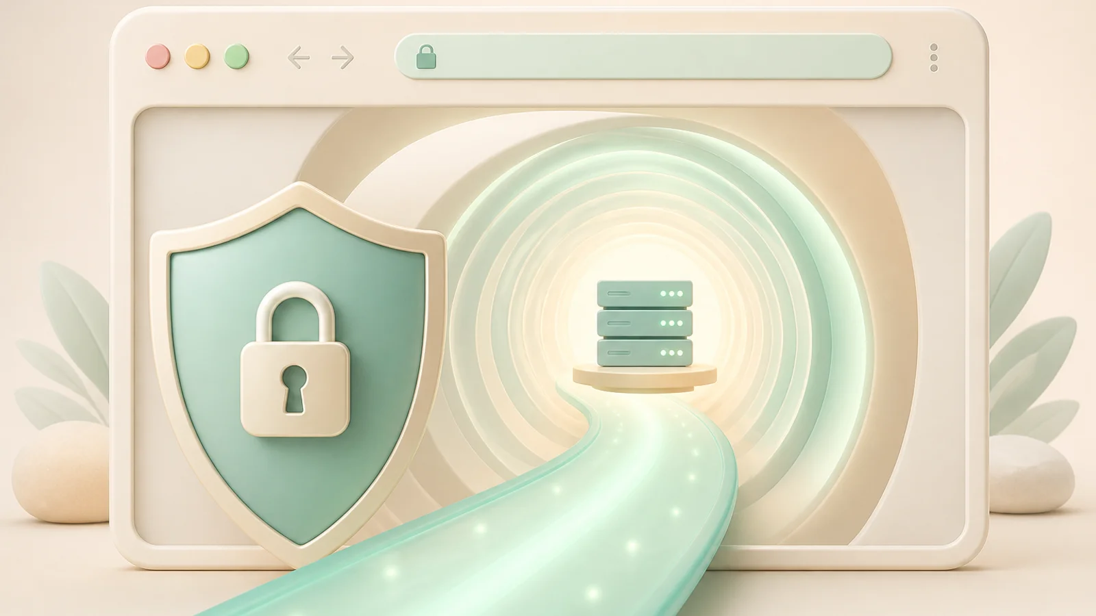 Browser frame and shield connected by a protected path to a small server stack