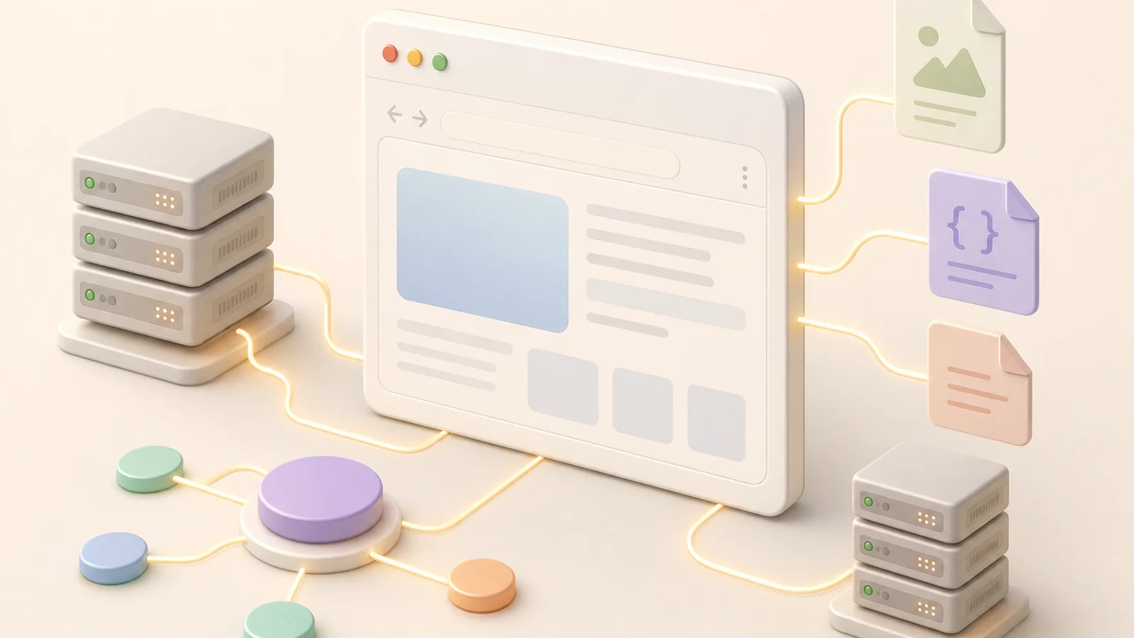 A browser window linked by soft paths to server stacks and floating web file cards