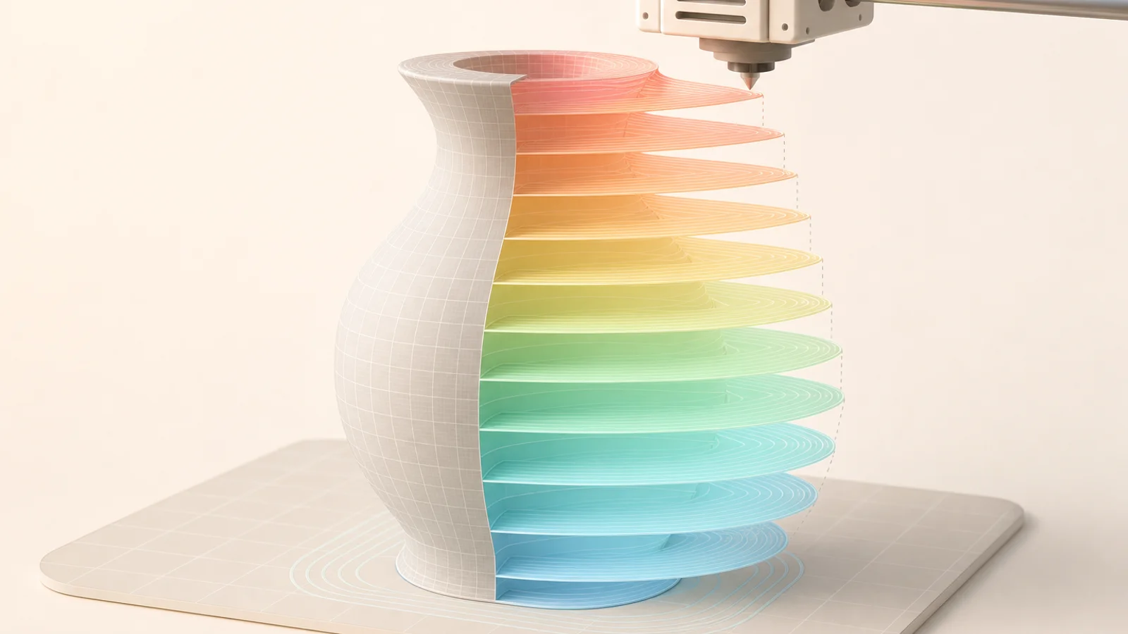 A digital model sliced into clean horizontal layers with print path cues