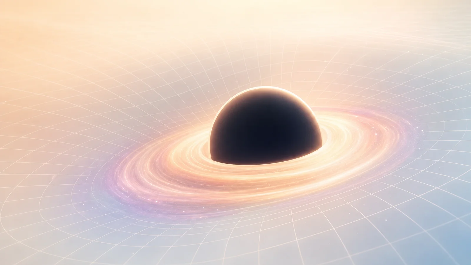 A bright editorial black hole with soft event horizon ring and curved spacetime grid