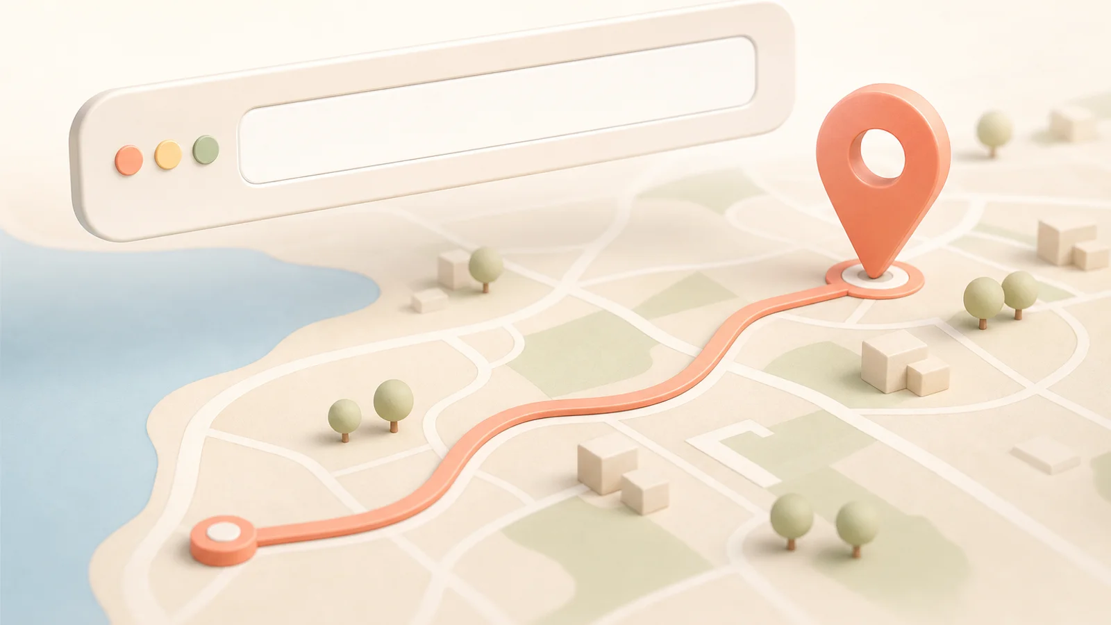A clean address bar shape with map pin and soft connected route path