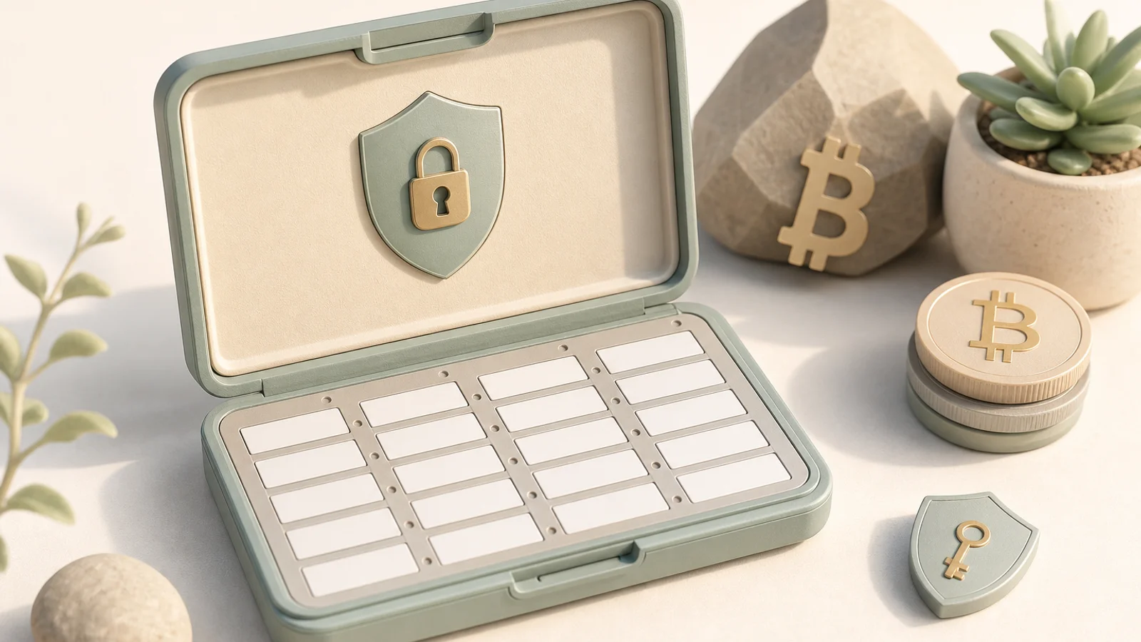A protected secure backup card concept with hidden recovery tiles and no visible words