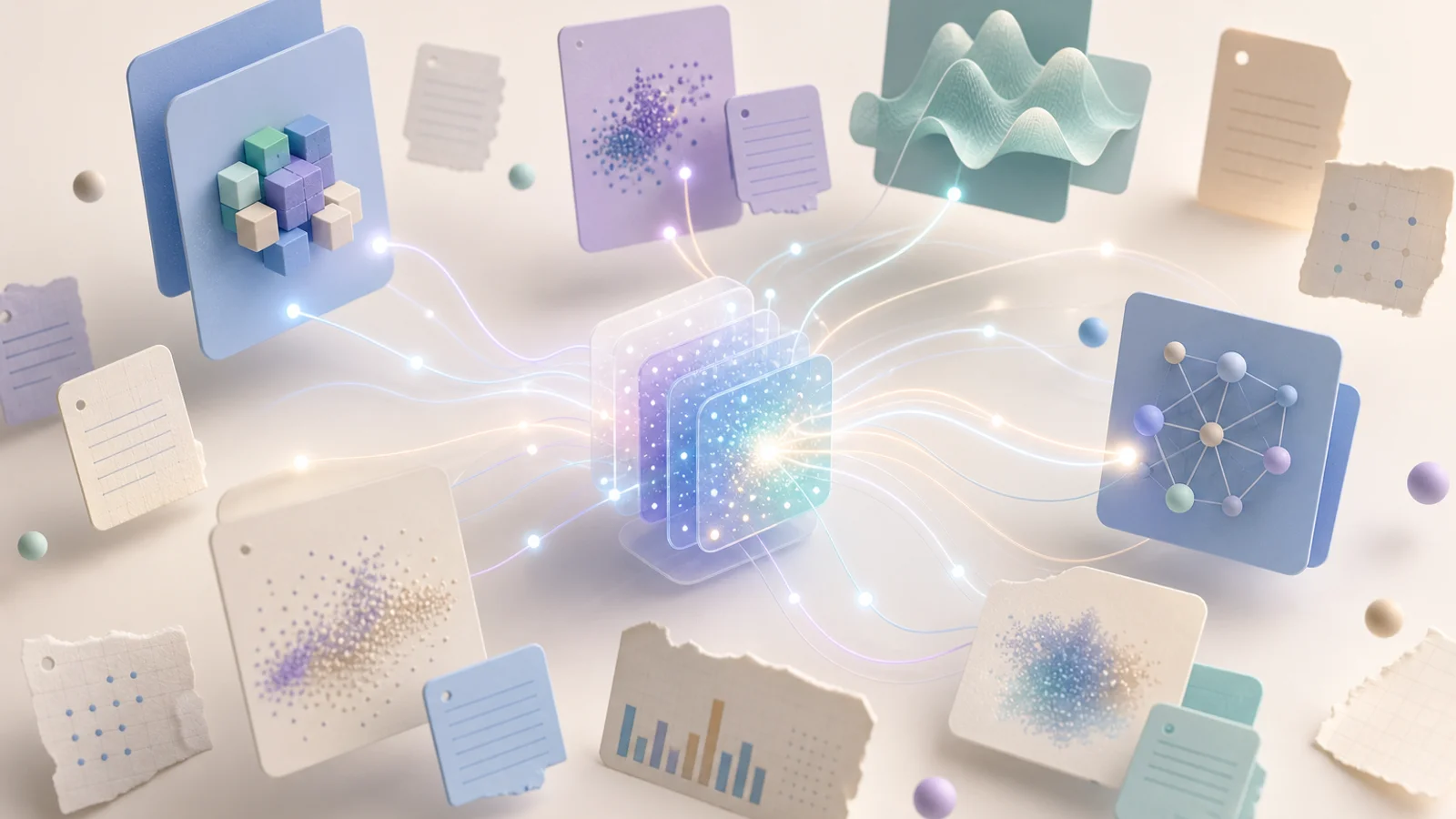 Soft 3D cards and notes forming gentle connected learning patterns on a pale editorial background