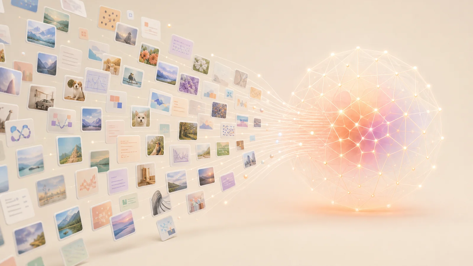 Many example data cards flowing into a soft glowing pattern structure