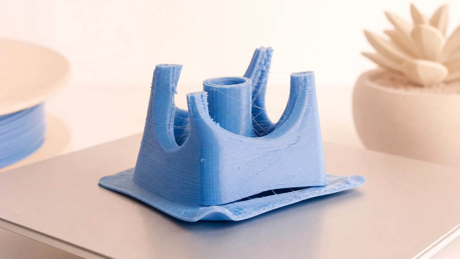 A bright failure study with warped layers, stringing and small flawed print samples