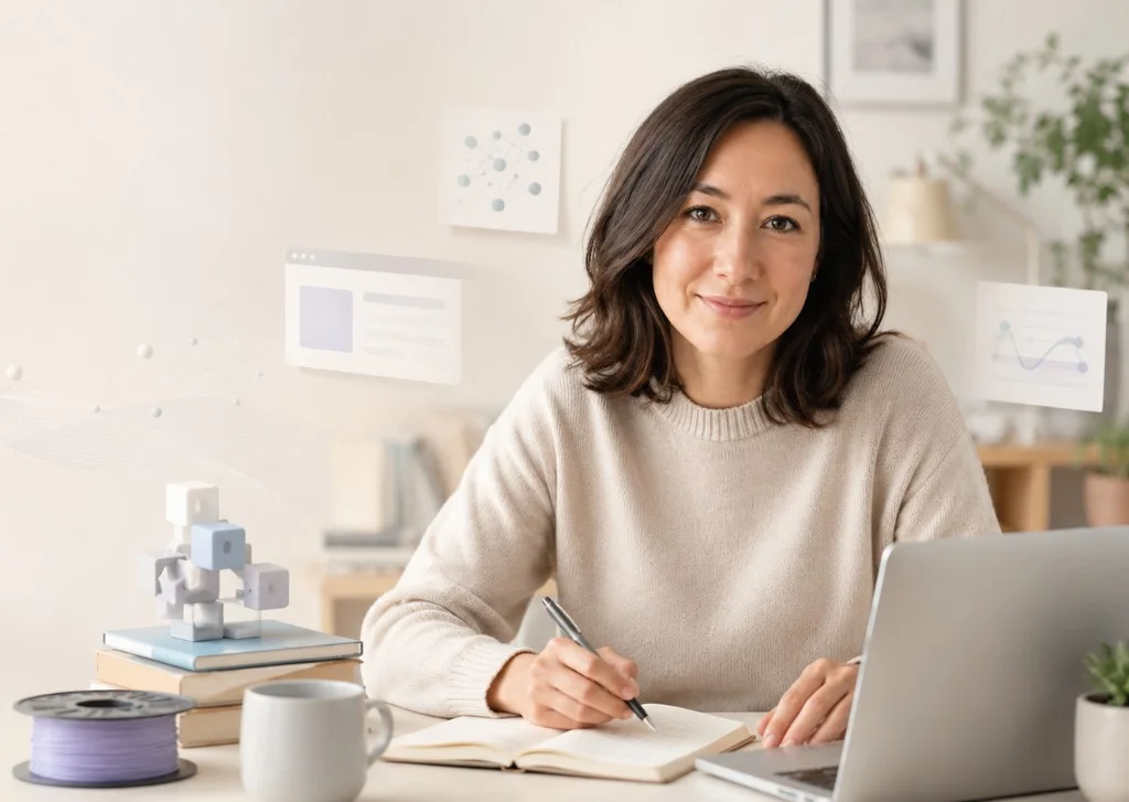 Jane Calder at a bright desk with a notebook, laptop, and soft digital learning elements